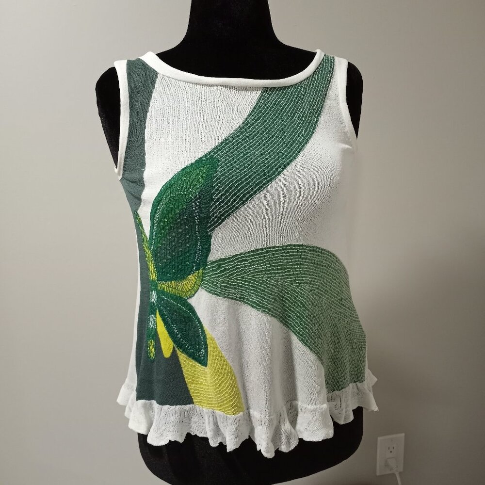 JESIRE SLEEVLESS TANK TOP WITH GREEN AND YELLOW FLORAL APPLIQUE SEQUINS WOMEN S